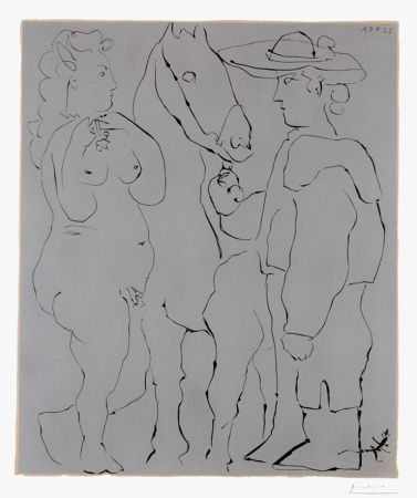 Linocut Picasso - Picador Debout avec son Cheval et une Femme (Picador, Woman and Horse)