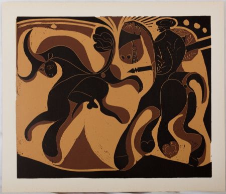 Linocut Picasso - Picador face au taureau (Après la pique)