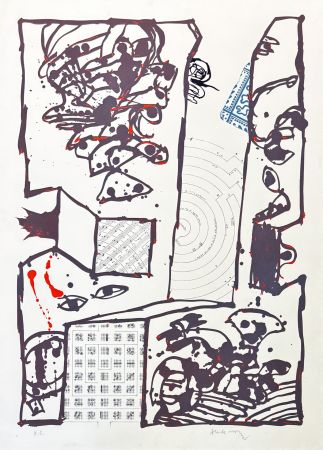 Lithograph Alechinsky - Pierre Alechinsky (1927) – Chutes et panaches, avec extraits de partitions labyrinthiques de Jean-Yves Bosseur – Lithograph on paper – 2001