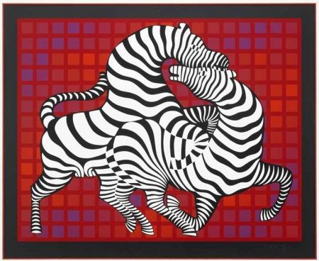 Screenprint Vasarely - Playful Zebras