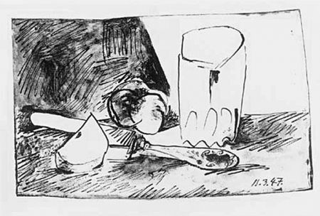 Lithograph Picasso - Pommes, Verres et Couteau