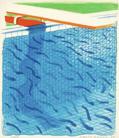 Lithograph Hockney - Pool Made with Paper and Blue Ink for Book
