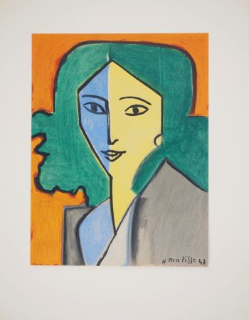 Lithograph Matisse - Portrait bleu, vert et jaune