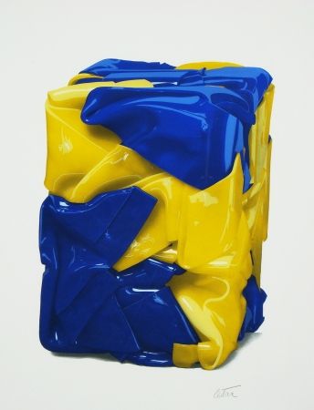 Lithograph Cesar - Portrait compression en jaune et bleu