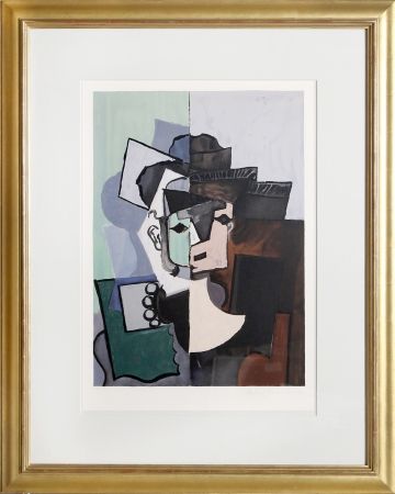 Lithograph Picasso - Portrait de Face sur Fond Rose et Vert