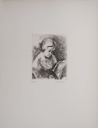 Etching Asselin - Portrait, Jeune fille lisant