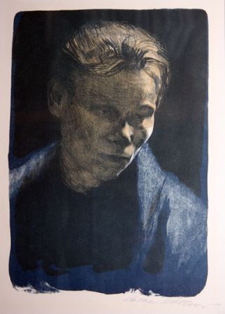Lithograph Kollwitz - Portrait of working class woman with blue towel