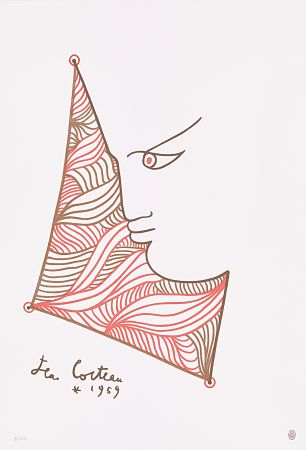 Lithograph Cocteau - Profil brun et rouge 