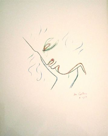 Lithograph Cocteau - Profil de garcon en couleur