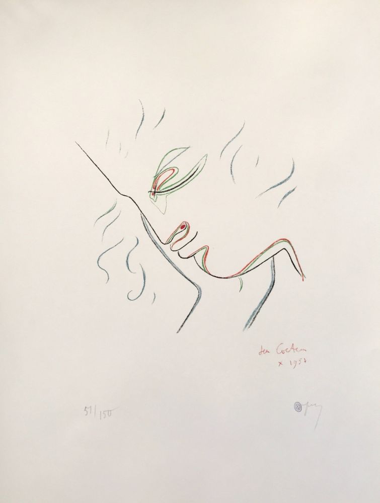 Lithograph Cocteau - Profile in Red, Green, and Blue