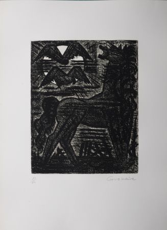 Engraving Gromaire - Présages, cheval noir et oiseaux de nuit, 1958