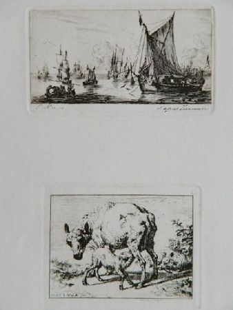 Etching Meryon - Pêcheurs de la mer du sud (after Zeeman) [with] La brebis et les deux agneaux (after Van de Velde)