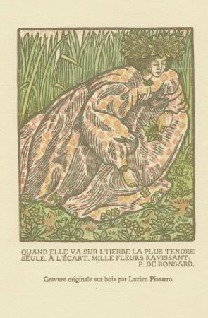 Woodcut Pissarro - Quand elle va sur l'herbe... / Girl Picking Flowers