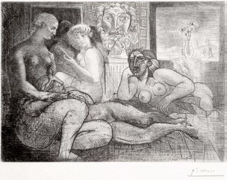 Engraving Picasso - ‚Quatre femmes nues et tete sculptée La Suite Vollard
