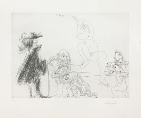 Etching Picasso - Quatre portefaix apportant a un gentilhomme une jeune femme sur une litiere