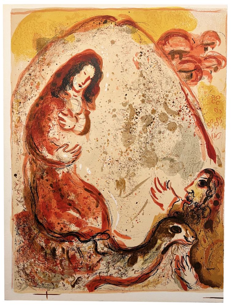 Lithograph Chagall - RACHEL DÉROBE LES IDOLES DE SON PÈRE (Dessins pour la Bible, 1960)