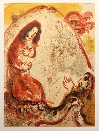 Lithograph Chagall - RACHEL DÉROBE LES IDOLES DE SON PÈRE (Dessins pour la Bible, 1960)
