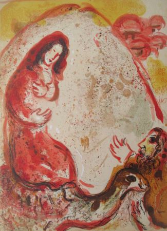 Lithograph Chagall - Rachel derobe les Idoles de son pere / Rachel  hides her father