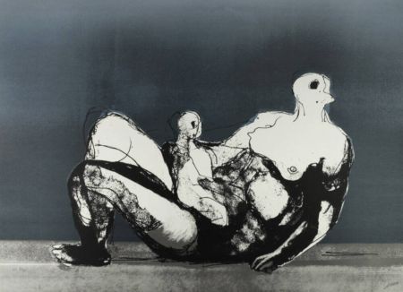Lithograph Moore - Reclining Mother and Child with Blue Background