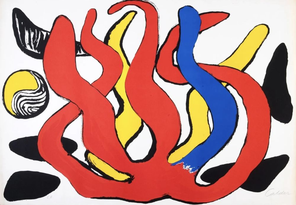 Lithograph Calder - Red, Yellow and Blue Coral with Shells