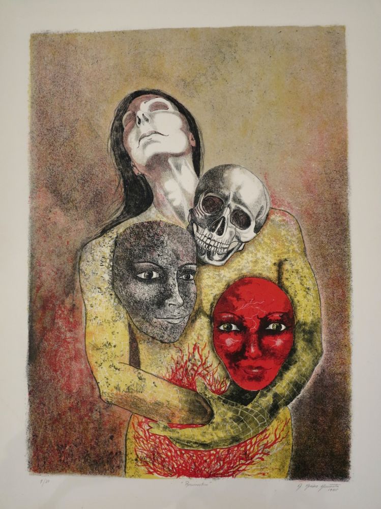 Lithograph Mendez Azcarate -  Resurrección en rojo y amarillo