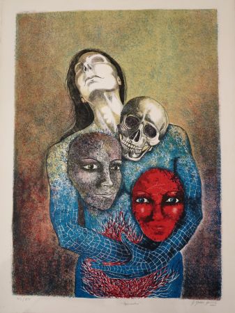 Lithograph Mendez Azcarate - Resurrección en rojo y azul