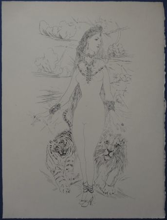 Engraving Foujita - Rivière enchantée - Femme aux félins