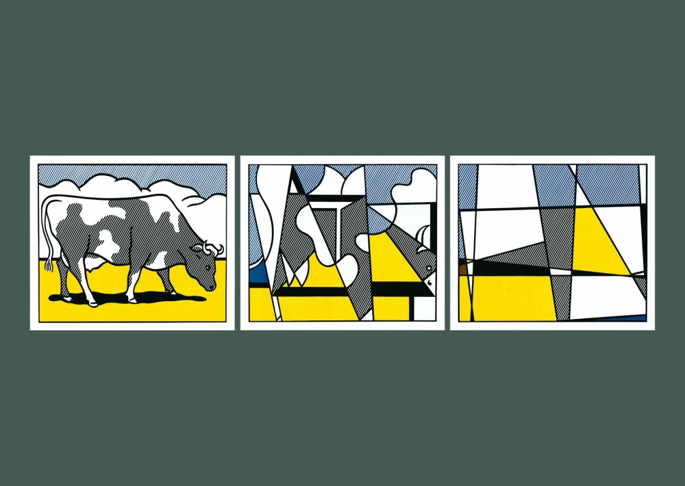 Lithograph Lichtenstein - Roy Lichtenstein: 'Cow Going Abstract' 1982 Offset-lithograph Triptych Set