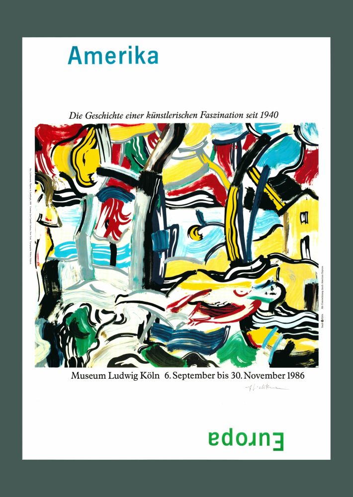 Lithograph Lichtenstein - Roy Lichtenstein 'Figures and Landscape' Original 1986 Hand Signed Pop Art Poster Print