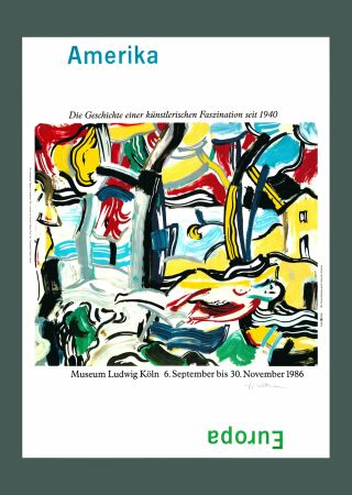 Lithograph Lichtenstein - Roy Lichtenstein: 'Figures in Landscape' 1986 Offset-lithograph (Hand-signed)