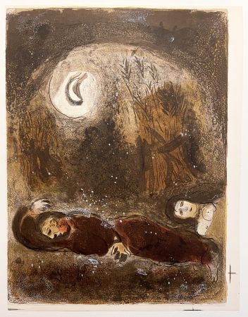 Lithograph Chagall - RUTH AUX PIEDS DE BOOZ. Lithographie originale pour 