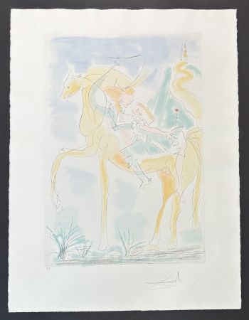 Etching Dali - Salvador Dalì (1904-1989) - Couple à cheval - Drypoint etching with stencil on Rives paper - 1971