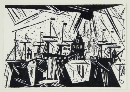 Woodcut Feininger - Schiffe am Hafenquai