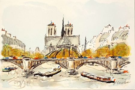 Lithograph Huchet - Seine et Notre-Dame de Paris