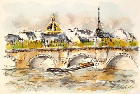 Lithograph Huchet - Seine et Tour Eiffel