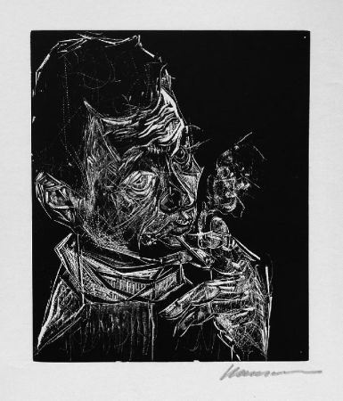 Woodcut Hansen-Bahia - Selbstbildnis, rauchend / Self-Portrait, Smoking