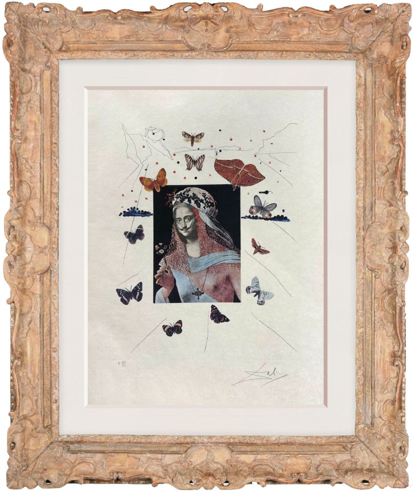 Etching Dali - Selfportrait Surrealist with butterflies