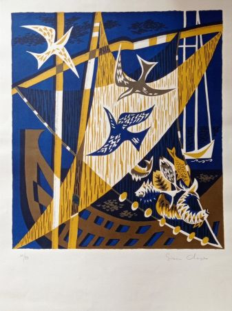 Lithograph Unknown - Simon Chaye(n.1930) - Composition with Birds, 1970s, Hand signed  Lithograph