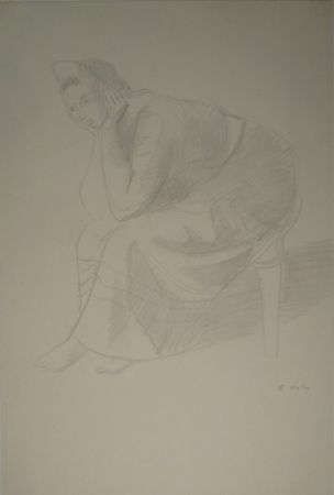 Monotype Holy - Sitzende junge Frau, den Kopf auf die Unterarme mit den Händen gestützt.