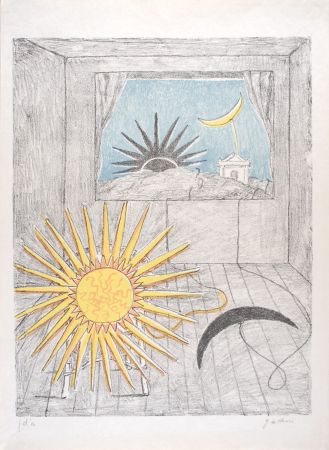 Lithograph De Chirico - Sole e luna in una stanza