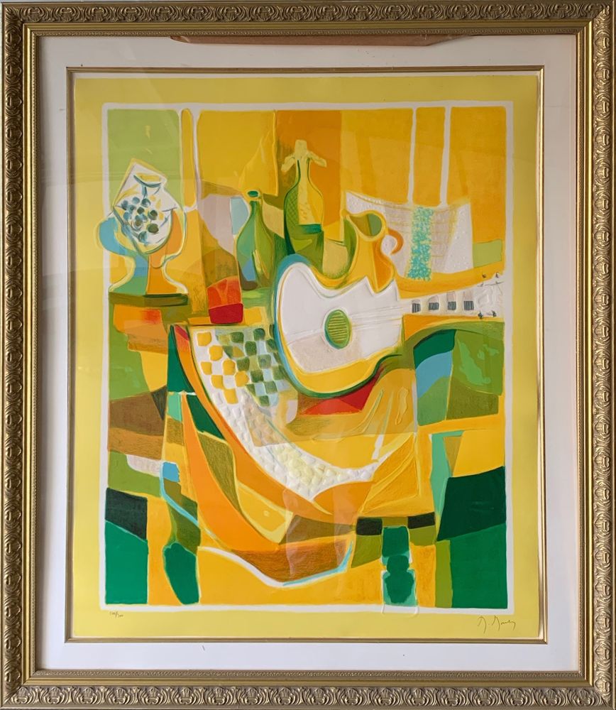 Etching And Aquatint Mouly - Still Life in Yellow with Guitar