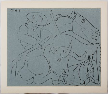 Linocut Picasso - Taureau désarmant un picador (La pique cassée)