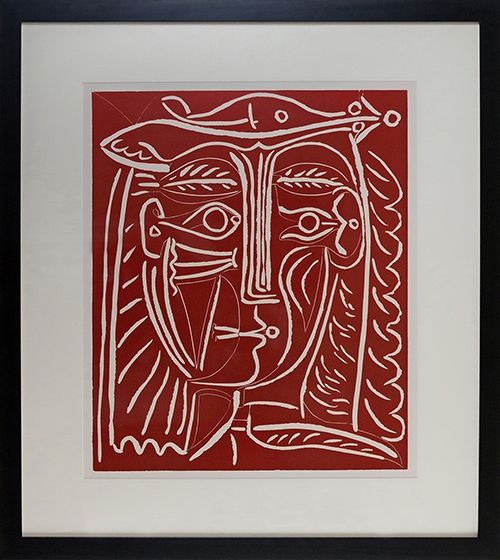 Linocut Picasso - Tete De Femme Au Chapeau, Paysage Avec Baigneurs