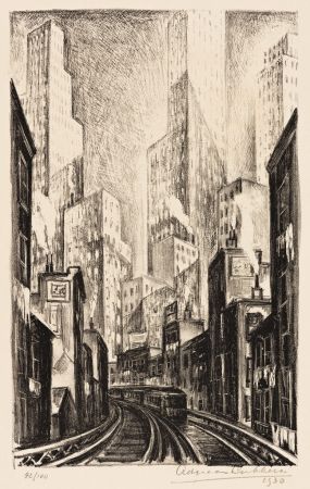 Lithograph Lubbers - The El at Chatham Square