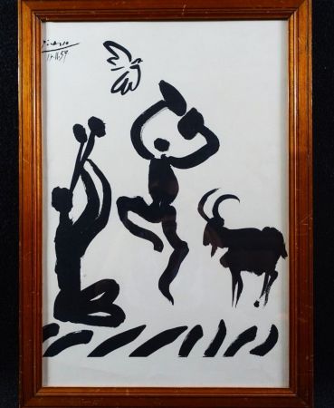 Lithograph Picasso - The flute player with fauns, Lithograph on Arches paper