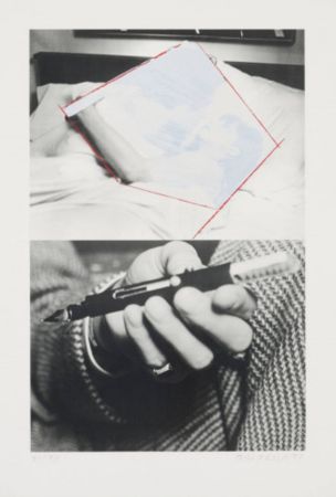 Lithograph Baldessari - The life and opinions of Tristam Shandy 4 (Man and Woman in Bed, Obliterated; Hand Holding Fountain (The thing to be concealed))