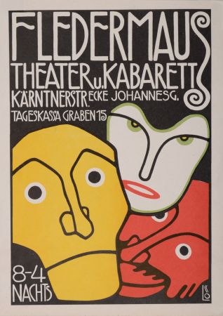 Lithograph Löffler - Three Masks, Fledermaus Theater and Cabaret, 1907