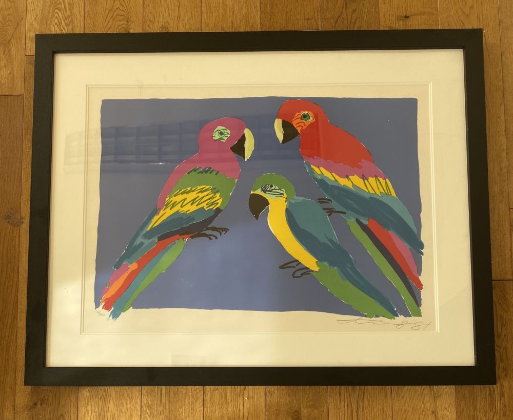 Linocut Ting - Three Parrots 