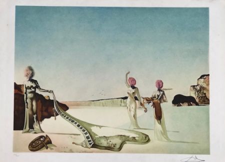 Lithograph Dali - Three Young Surrealist Women Holding in their Arms The Skins of an Orchestra