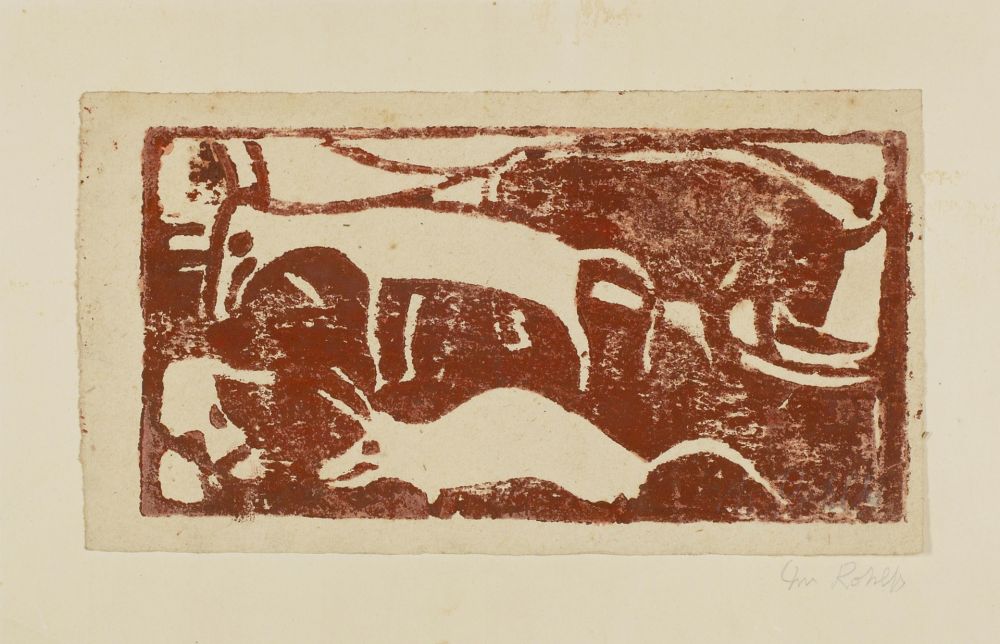 Woodcut Rohlfs - Tiere auf der Weide (Animals in the pasture)